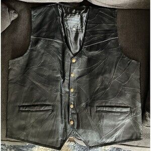 Vtg Italian Stone Design Genuine Leather Vest Black Patchwork Biker Western XXXL